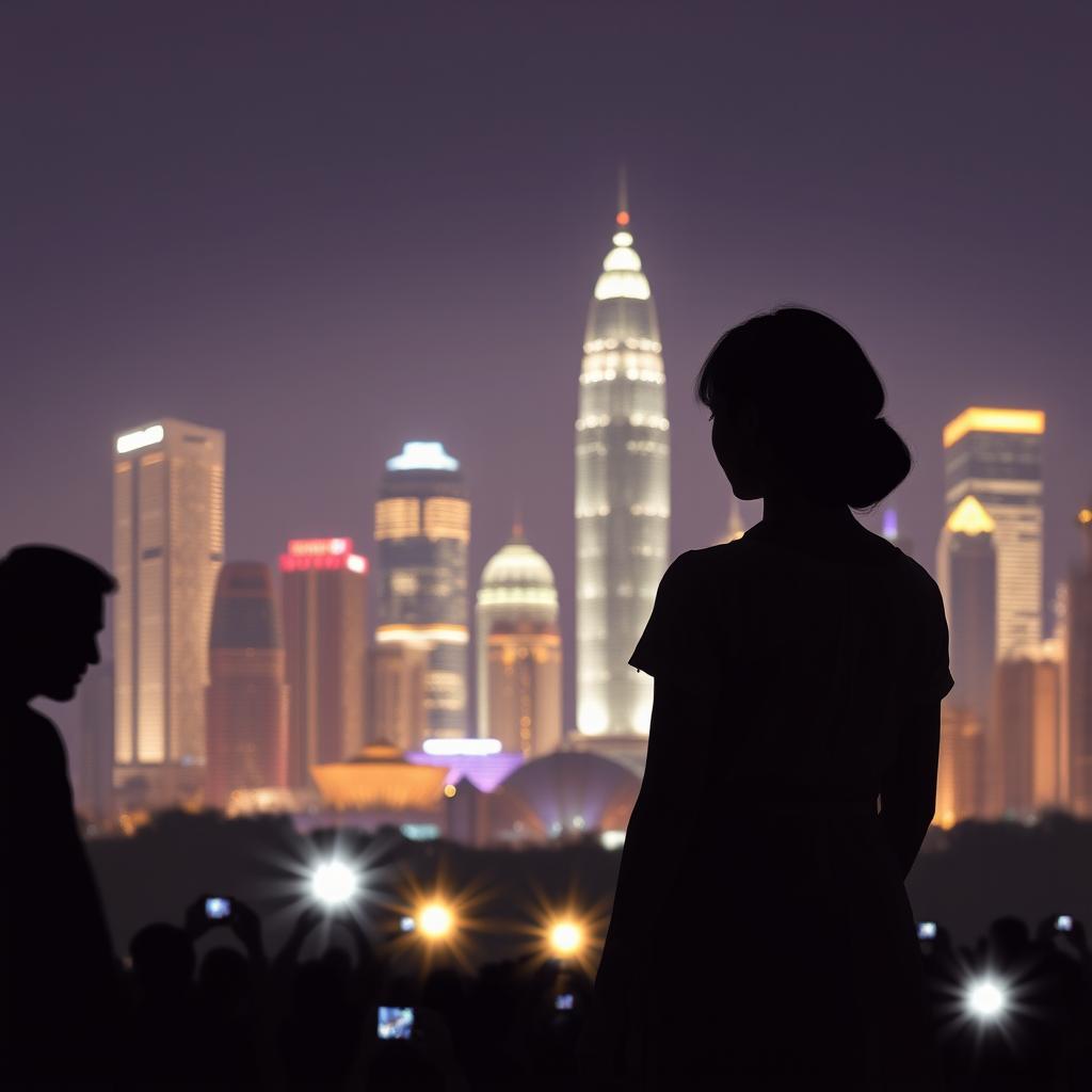 Jakarta city skyline at night with shimmering skyscrapers in the background