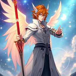 Ichigo Kurosaki in white bankai form, transformed into a half-elf Aasimar, without wings