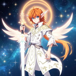 Ichigo Kurosaki in white bankai form, transformed into a half-elf Aasimar, without wings