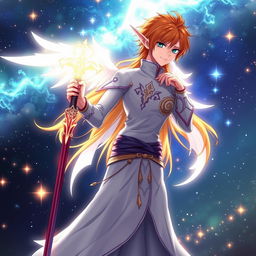 Ichigo Kurosaki in white bankai form, transformed into a half-elf Aasimar, without wings