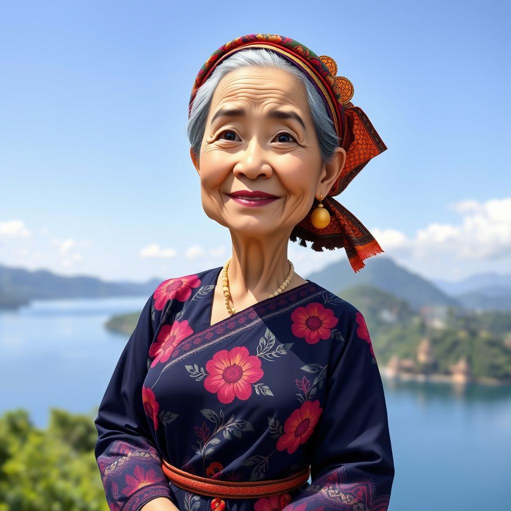 A caricatured 3D vector style full-body portrait of a 50-year-old grandmother standing near Lake Toba