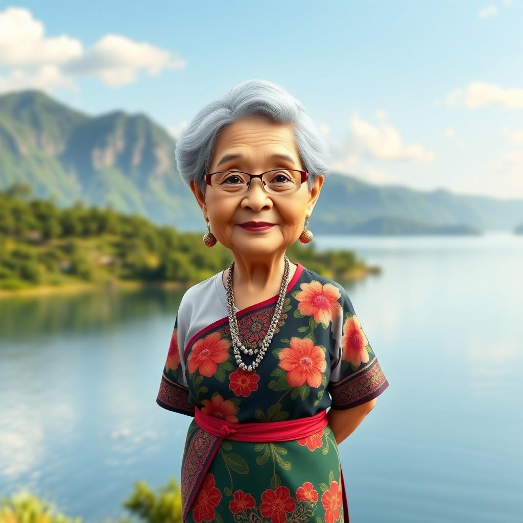 A caricatured 3D vector style full-body portrait of a 50-year-old grandmother standing near Lake Toba