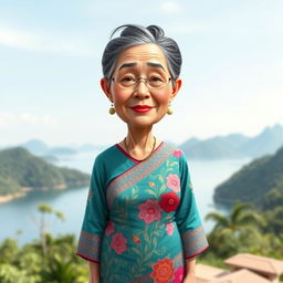 A caricatured 3D vector style full-body portrait of a 50-year-old grandmother standing near Lake Toba