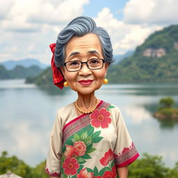 A caricatured 3D vector style full-body portrait of a 50-year-old grandmother standing near Lake Toba