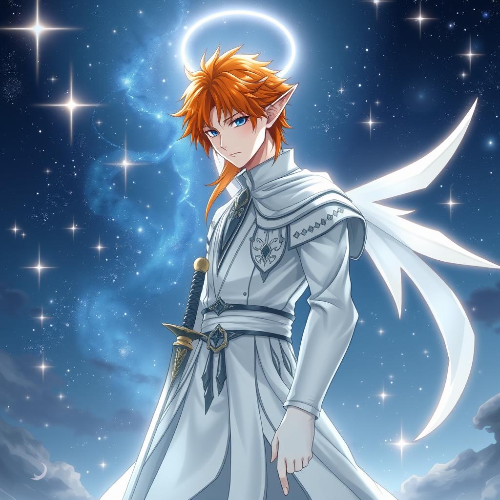 Ichigo Kurosaki in his signature white bankai form, transformed into a half-elf Aasimar, without wings