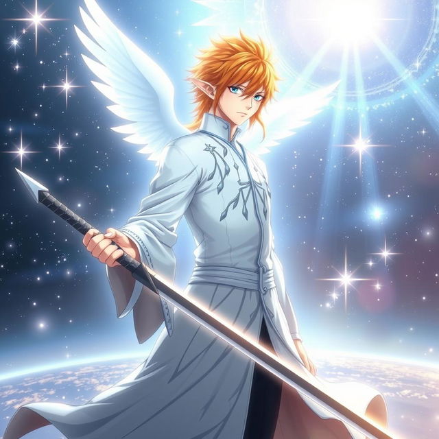 Ichigo Kurosaki in his signature white bankai form, transformed into a half-elf Aasimar, without wings