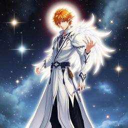 Ichigo Kurosaki in his signature white bankai form, transformed into a half-elf Aasimar, without wings