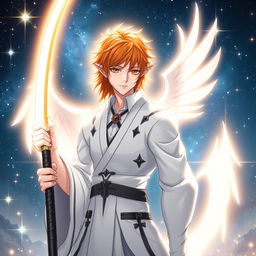 Ichigo Kurosaki in his signature white bankai form, transformed into a half-elf Aasimar, without wings