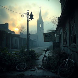 A hauntingly atmospheric scene of an abandoned town, with empty streets and dilapidated buildings