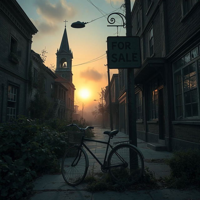 A hauntingly atmospheric scene of an abandoned town, with empty streets and dilapidated buildings