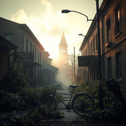 A hauntingly atmospheric scene of an abandoned town, with empty streets and dilapidated buildings