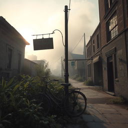 A hauntingly atmospheric scene of an abandoned town, with empty streets and dilapidated buildings