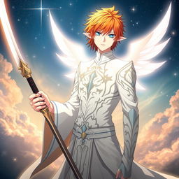 Ichigo Kurosaki in white bankai form, reimagined as a half-elf Aasimar without wings