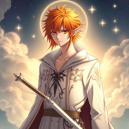 Ichigo Kurosaki in white bankai form, reimagined as a half-elf Aasimar without wings