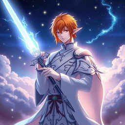 Ichigo Kurosaki in white bankai form, reimagined as a half-elf Aasimar without wings