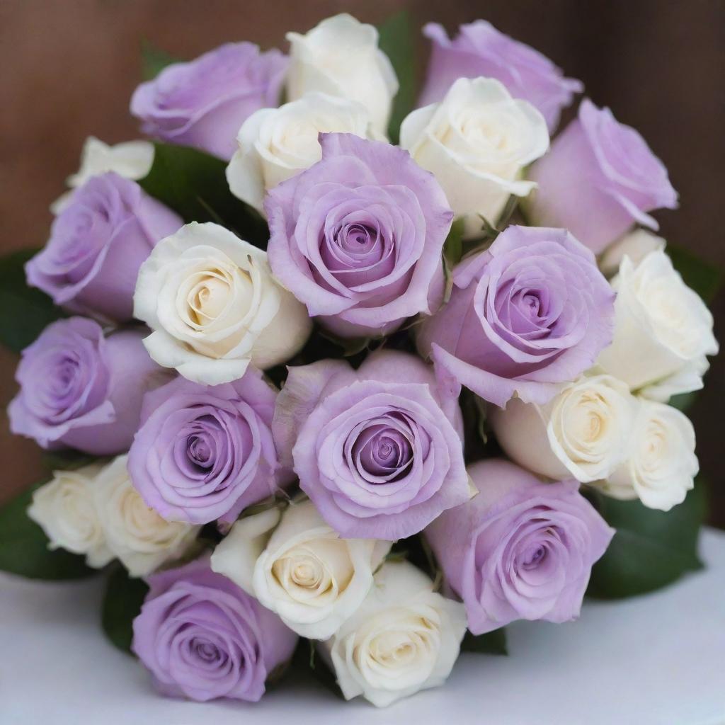 A bouquet of strong lilac roses intertwined with white roses, creating a striking contrast