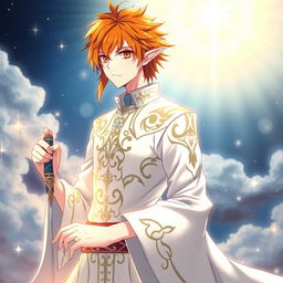 Ichigo Kurosaki in white bankai form, reimagined as a half-elf Aasimar without wings