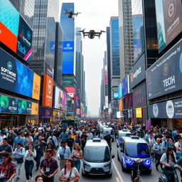 A bustling cityscape during a technical conference week, featuring modern skyscrapers adorned with digital billboards showcasing software logos and tech gadgets