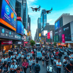 A bustling cityscape during a technical conference week, featuring modern skyscrapers adorned with digital billboards showcasing software logos and tech gadgets