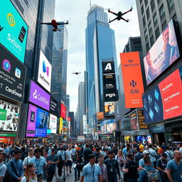 A bustling cityscape during a technical conference week, featuring modern skyscrapers adorned with digital billboards showcasing software logos and tech gadgets