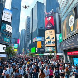 A bustling cityscape during a technical conference week, featuring modern skyscrapers adorned with digital billboards showcasing software logos and tech gadgets