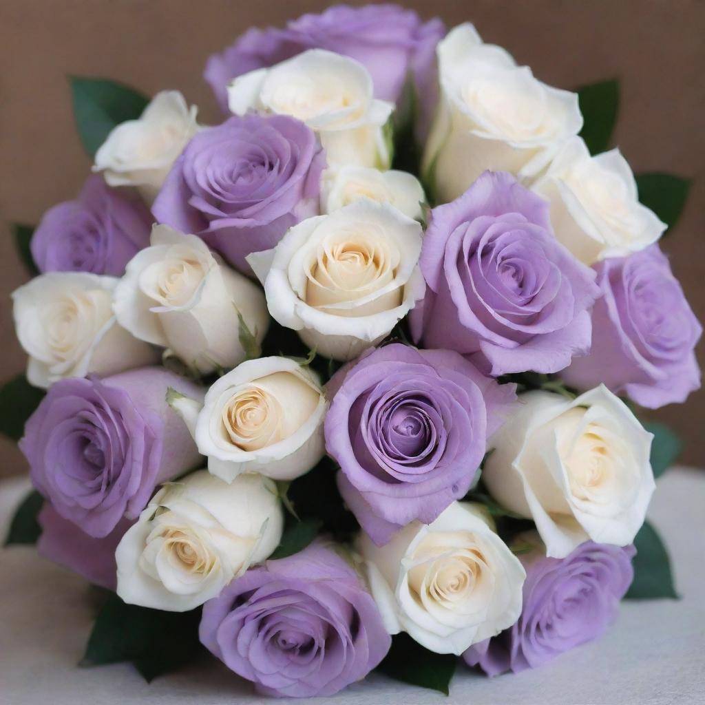 A bouquet of strong lilac roses intertwined with white roses, creating a striking contrast