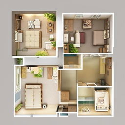 A detailed 2BHK (2 Bedroom, Hall, Kitchen) house model with a modern interior design, spacious living area, comfortable bedrooms, a well-equipped kitchen, and ample natural light.