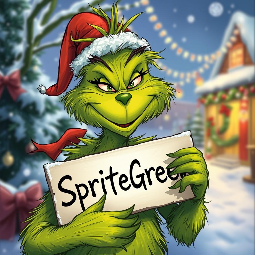 A detailed illustration of the Grinch with his characteristic green fur, smiling warmly