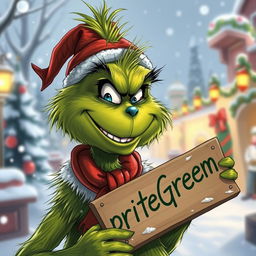 A detailed illustration of the Grinch with his characteristic green fur, smiling warmly