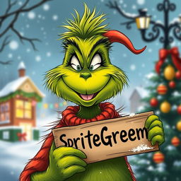 A detailed illustration of the Grinch with his characteristic green fur, smiling warmly