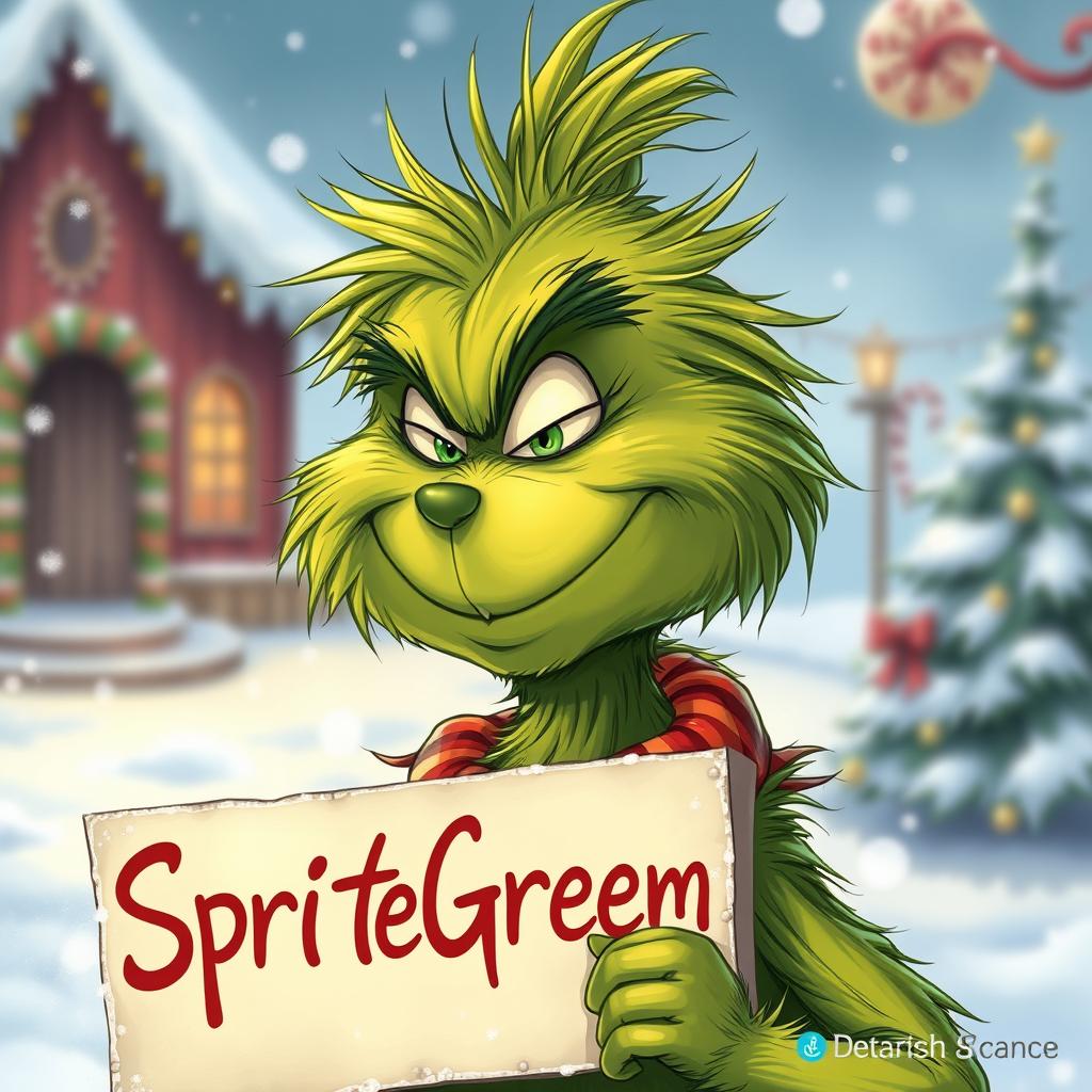 A detailed illustration of the Grinch with his characteristic green fur, smiling warmly