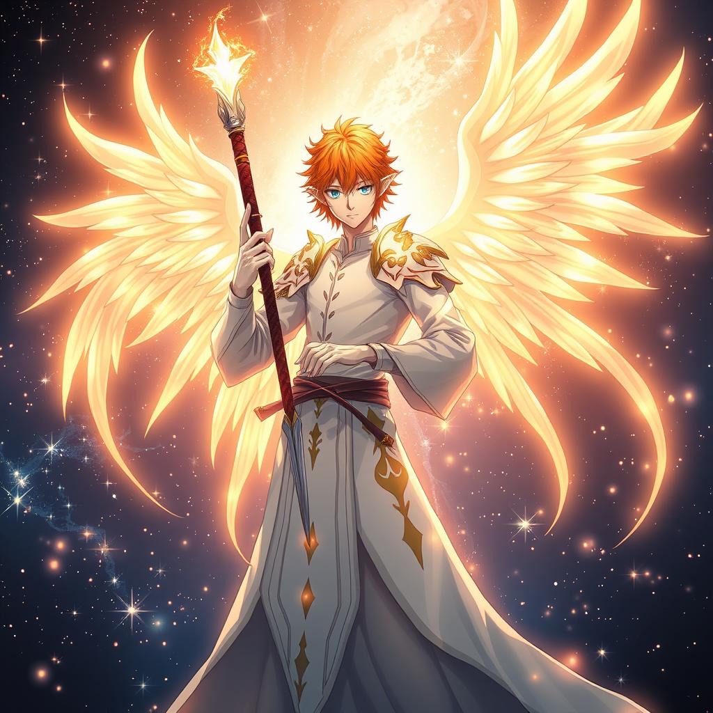 Ichigo Kurosaki in white bankai form imagined as a half-elf Aasimar, without wings