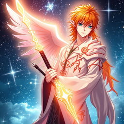 Ichigo Kurosaki in white bankai form imagined as a half-elf Aasimar, without wings