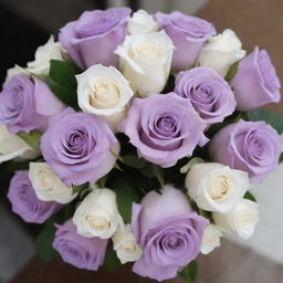 A bouquet of strong lilac roses intertwined with white roses, creating a striking contrast