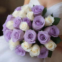 A bouquet of strong lilac roses intertwined with white roses, creating a striking contrast