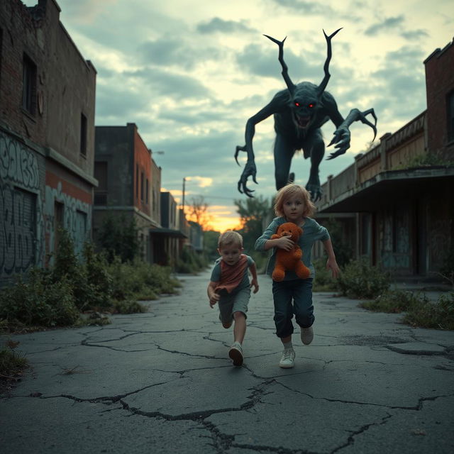 A suspenseful scene in an abandoned town where a small boy, around 8 years old, sprints down a cracked, empty street