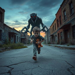 A suspenseful scene in an abandoned town where a small boy, around 8 years old, sprints down a cracked, empty street