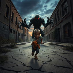 A suspenseful scene in an abandoned town where a small boy, around 8 years old, sprints down a cracked, empty street