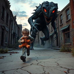 A suspenseful scene in an abandoned town where a small boy, around 8 years old, sprints down a cracked, empty street