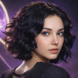 A young woman in her 24s with short, wavy, black hair, styled in the aesthetic of the Arcane League of Legends series, radiating a palpable energy.