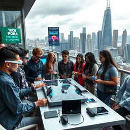 An urban setting during a technical conference week, featuring a small group of diverse tech enthusiasts engrossed in discussions