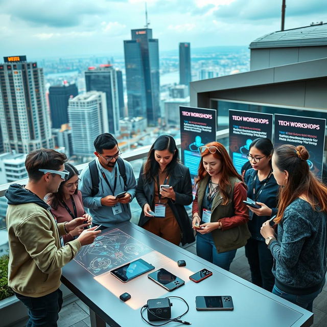 An urban setting during a technical conference week, featuring a small group of diverse tech enthusiasts engrossed in discussions