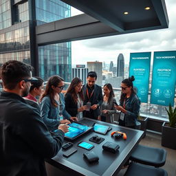 An urban setting during a technical conference week, featuring a small group of diverse tech enthusiasts engrossed in discussions