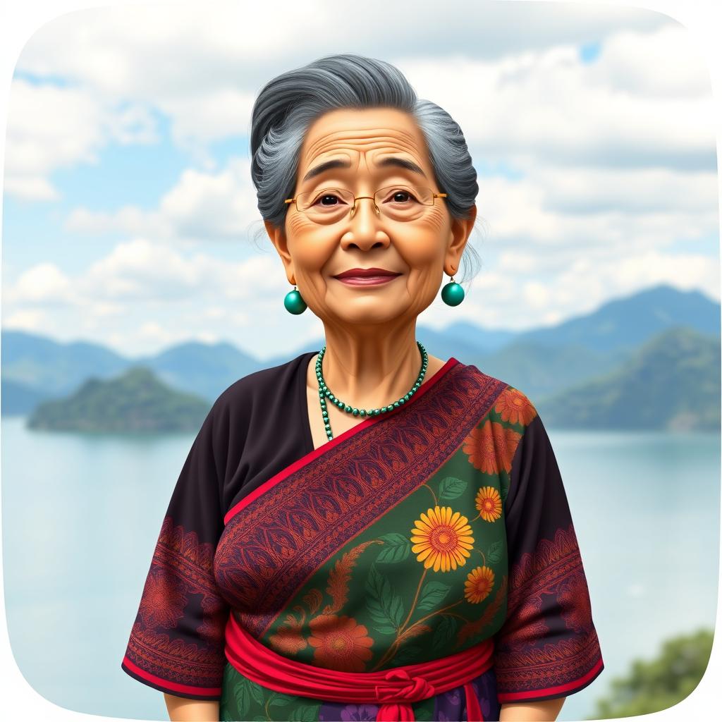 A caricatured 3D vector style full-body portrait of a 50-year-old grandmother standing near Lake Toba