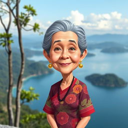 A caricatured 3D vector style full-body portrait of a 50-year-old grandmother standing near Lake Toba