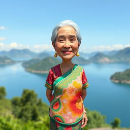 A caricatured 3D vector style full-body portrait of a 50-year-old grandmother standing near Lake Toba