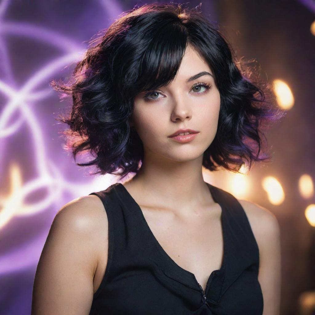 A young woman in her 24s with short, wavy, black hair, styled in the aesthetic of the Arcane League of Legends series, radiating a palpable energy.