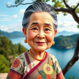 A caricatured 3D vector style full-body portrait of a 50-year-old grandmother standing near Lake Toba