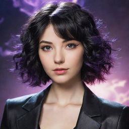 A young woman in her 24s with short, wavy, black hair, styled in the aesthetic of the Arcane League of Legends series, radiating a palpable energy.