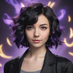 A young woman in her 24s with short, wavy, black hair, styled in the aesthetic of the Arcane League of Legends series, radiating a palpable energy.